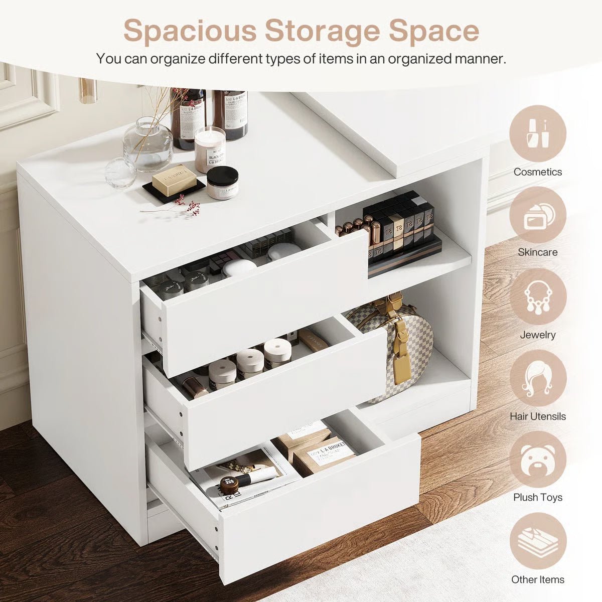 White Bedroom Vanity Table – Makeup Desk with 3 Drawers & Open Shelves - Image 7