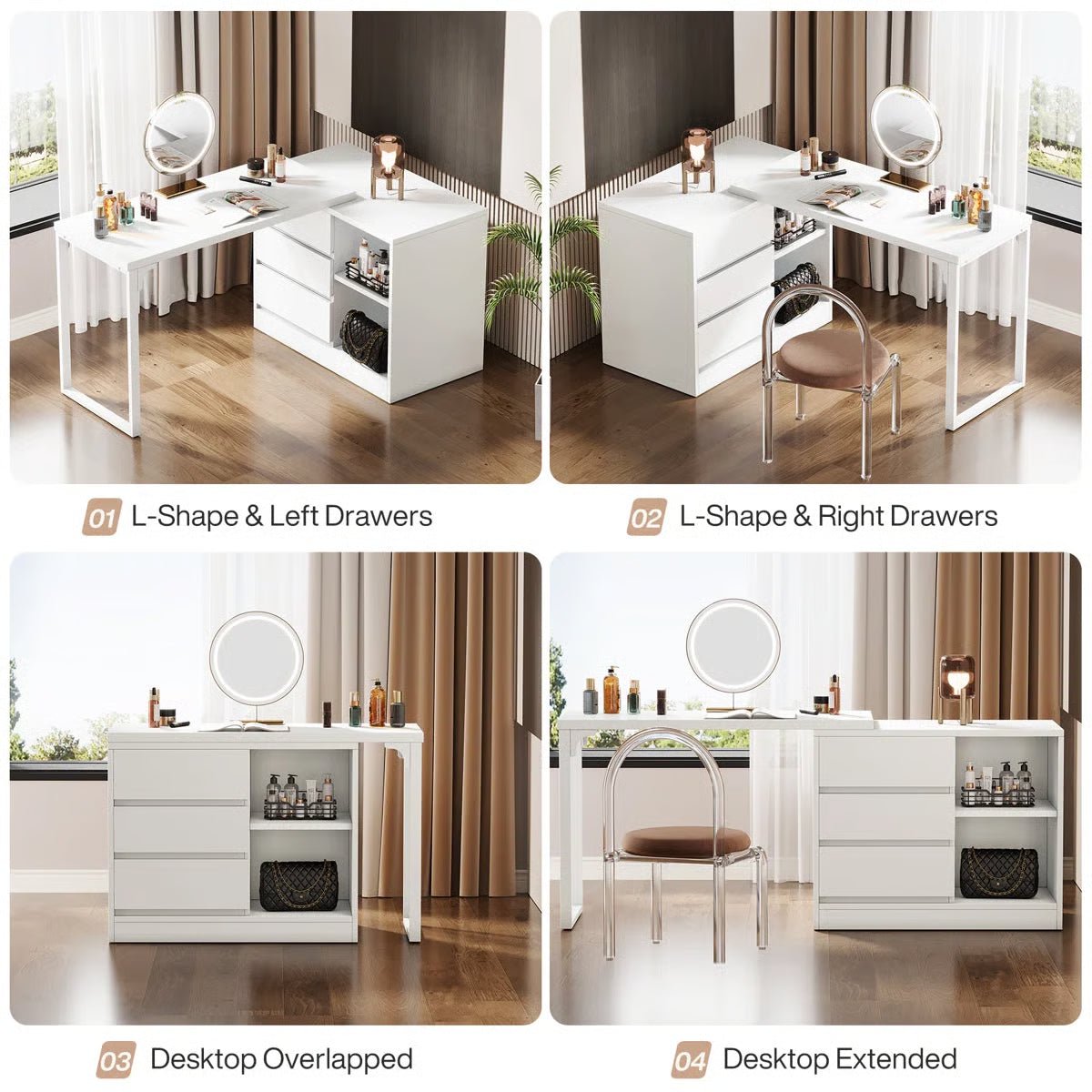 White Bedroom Vanity Table – Makeup Desk with 3 Drawers & Open Shelves - Image 8