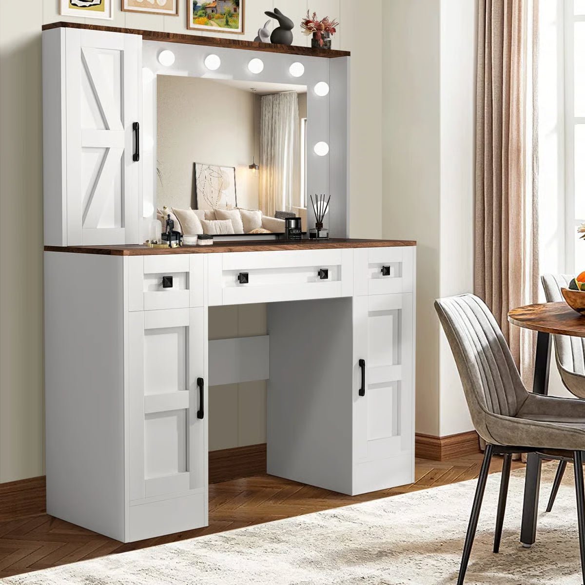 Winston Porter White Rustic Vanity Table – Farmhouse Makeup Desk with LED Mirror, 3 Drawers & 3 Cabinets - Image 8