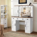 Winston Porter White Rustic Vanity Table – Farmhouse Makeup Desk with LED Mirror, 3 Drawers & 3 Cabinets