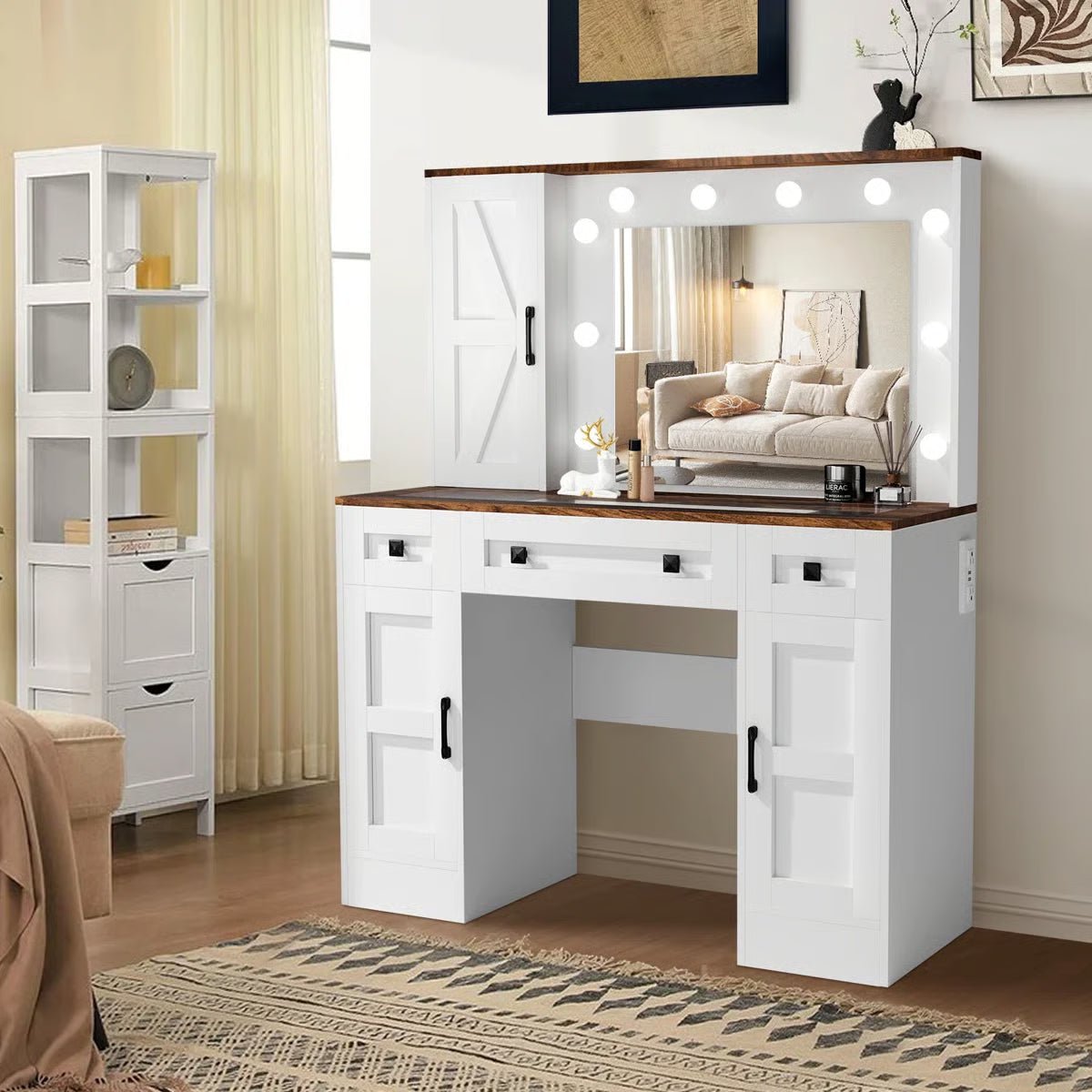 Winston_Porter_Farmhouse_Vanity_Desk_With_Mirror_And_Lights_Glass_Tabletop_Vanity_With_Charging_Station_vanity_Table_With_3_Drawers_3_Cabinets_White_Rustic_Makeup_Vanity_For_Bedroom_1 Winston Porter White Rustic Vanity Table – Farmhouse Makeup Desk with LED Mirror, 3 Drawers & 3 Cabinets - Image 1
