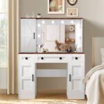 Winston Porter White Rustic Vanity Table – Farmhouse Makeup Desk with LED Mirror, 3 Drawers & 3 Cabinets - Image 3