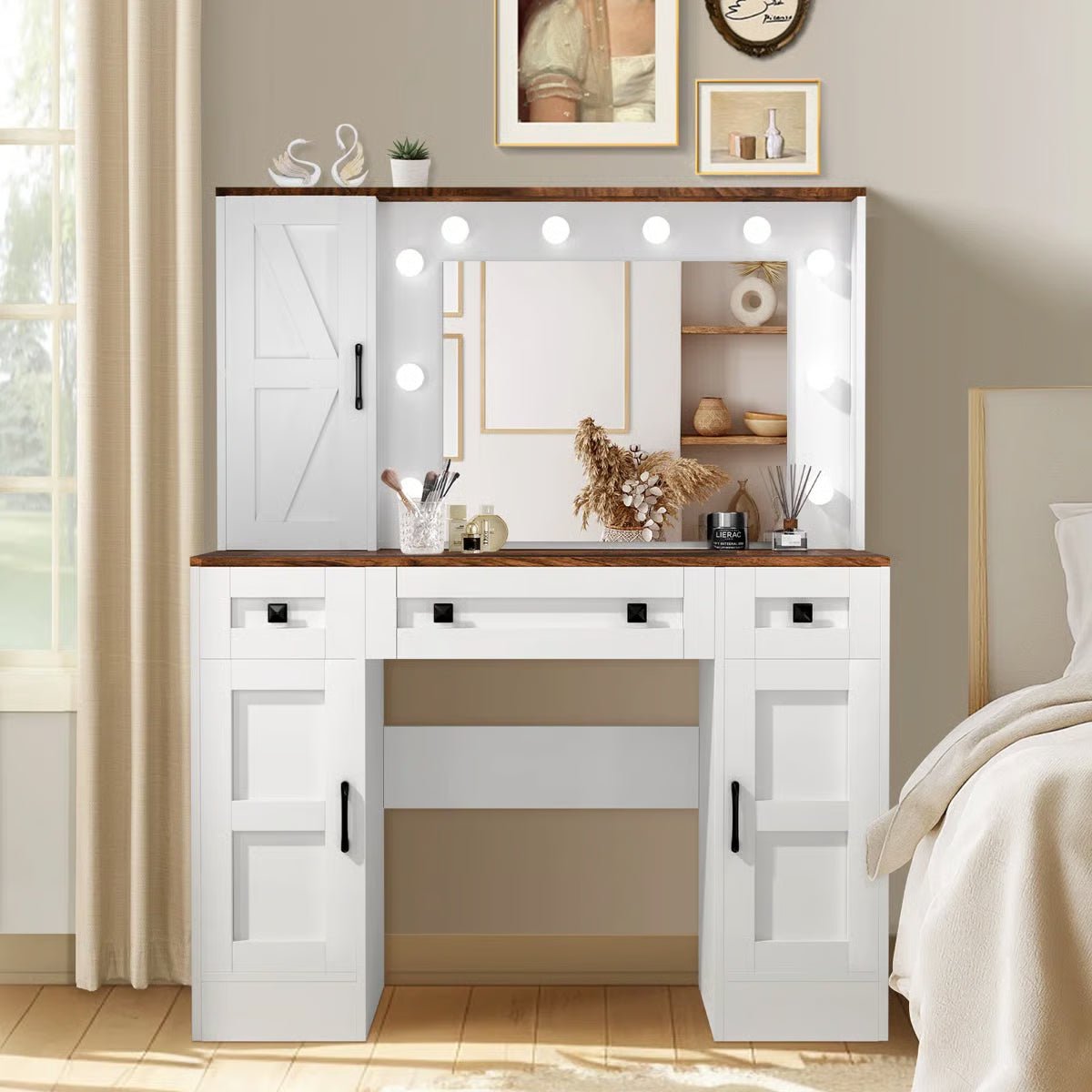 Winston Porter White Rustic Vanity Table – Farmhouse Makeup Desk with LED Mirror, 3 Drawers & 3 Cabinets - Image 3