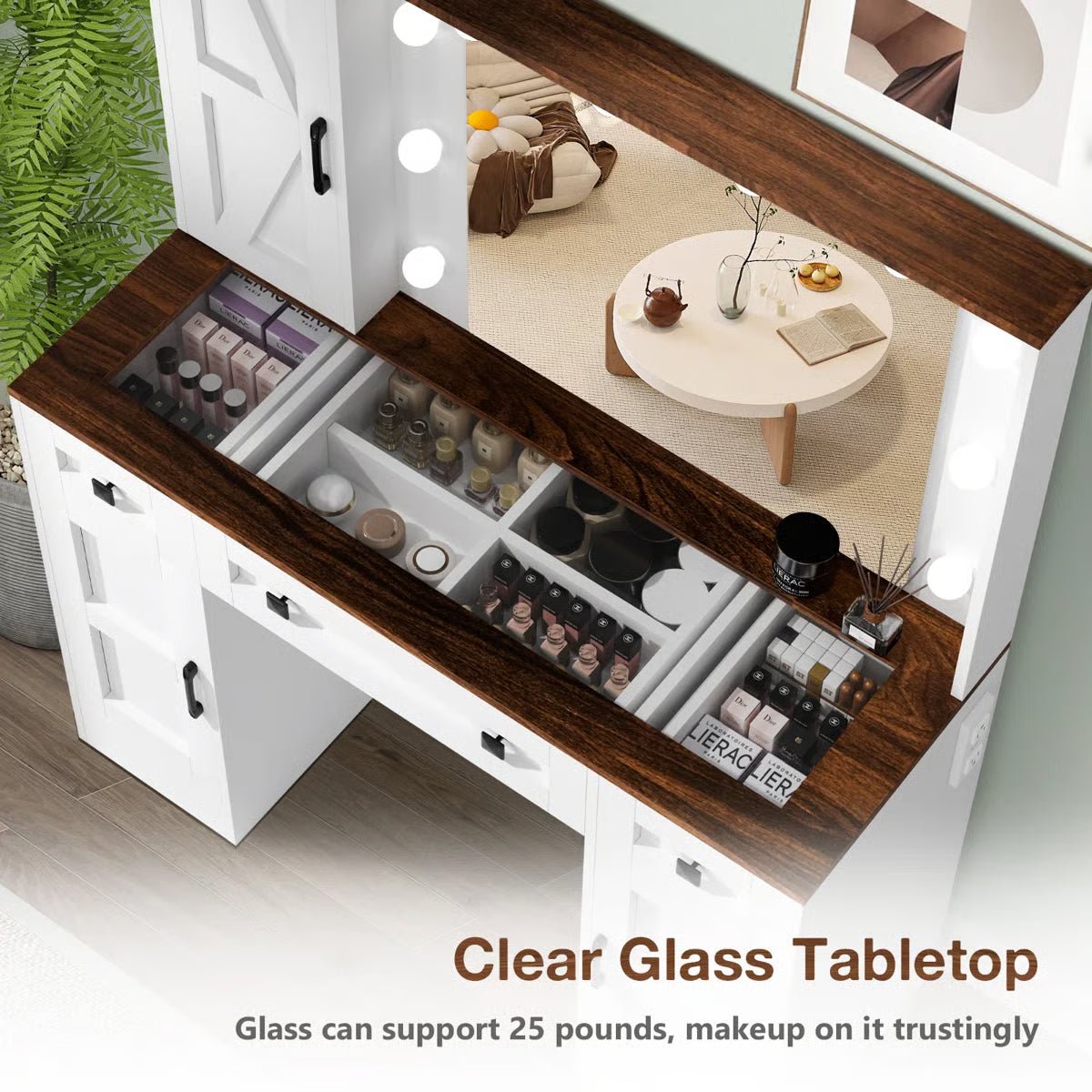 Winston Porter White Rustic Vanity Table – Farmhouse Makeup Desk with LED Mirror, 3 Drawers & 3 Cabinets - Image 4