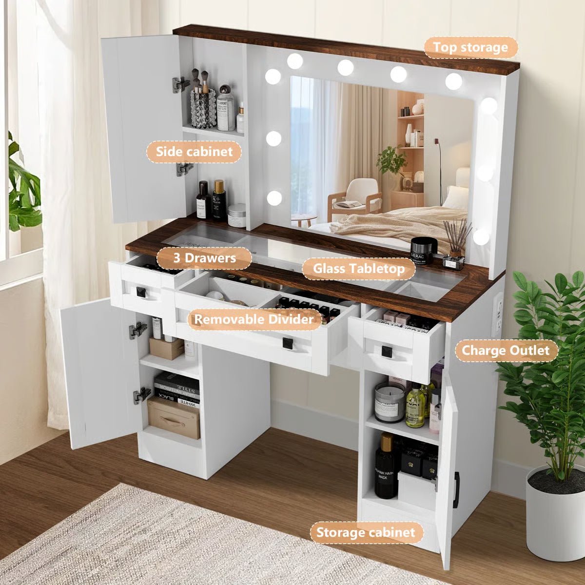 Winston Porter White Rustic Vanity Table – Farmhouse Makeup Desk with LED Mirror, 3 Drawers & 3 Cabinets - Image 6