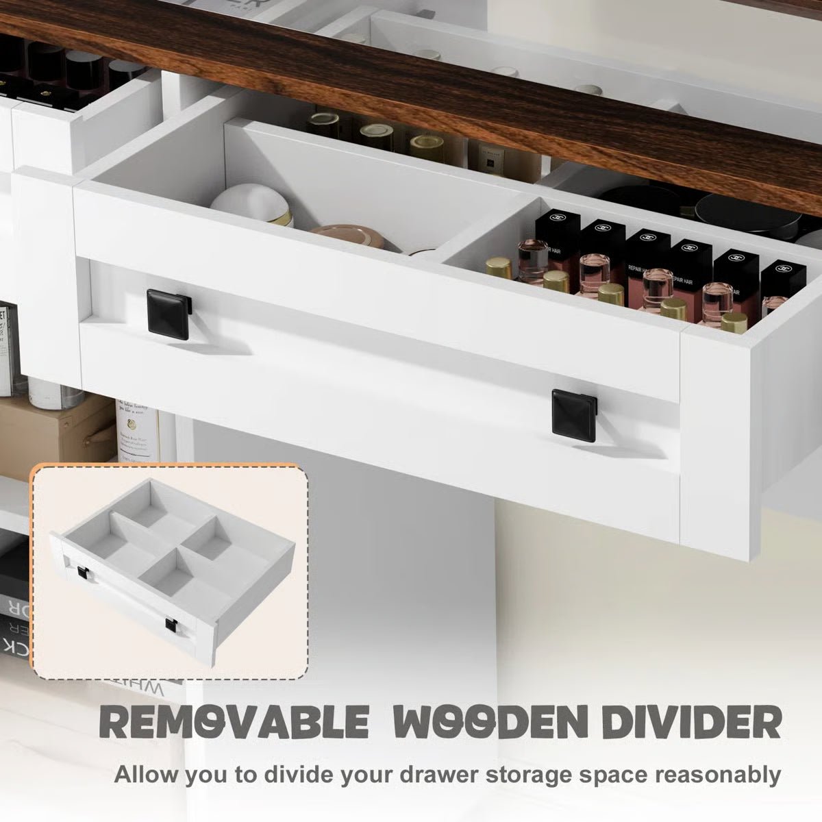 Winston Porter White Rustic Vanity Table – Farmhouse Makeup Desk with LED Mirror, 3 Drawers & 3 Cabinets - Image 7