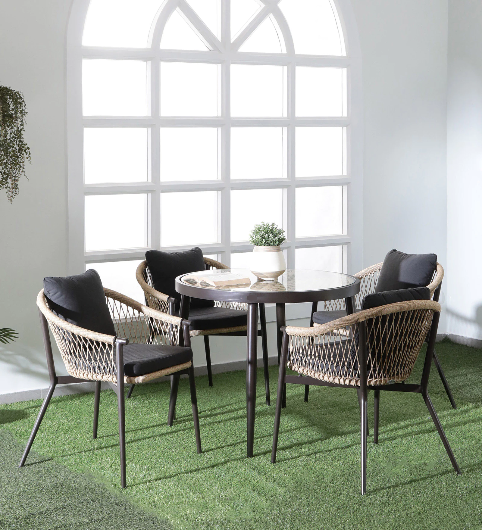 herper-outdoor-dining-set-in-cream-colour-by-abaca-herper-outdoor-dining-set-in-cream-colour-by-abac-zovxiw Hall Outdoor Patio Seating Set 4 Chairs and 1 Table Set (Black + Honey) Braided & Rope - Image 1