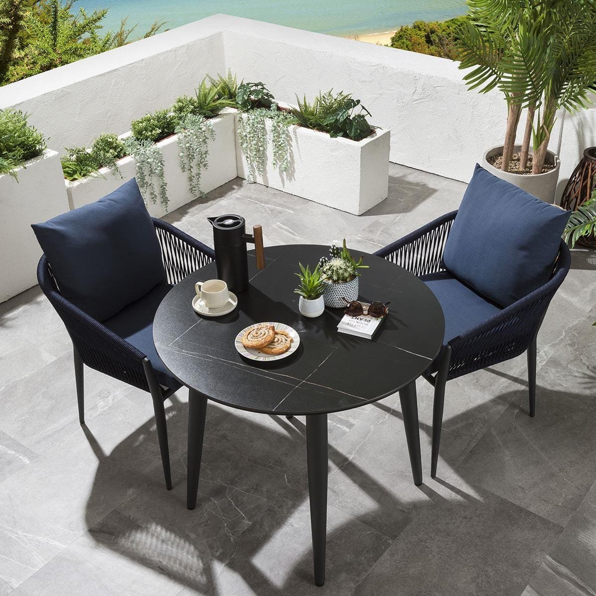 quatropi-cole-2-seater-dining-set-ceramic-black-45330670321958 Luis Outdoor Patio Seating Set 2 Chairs and 1 Table Set (Black+Blue) Braided & Rope - Image 1