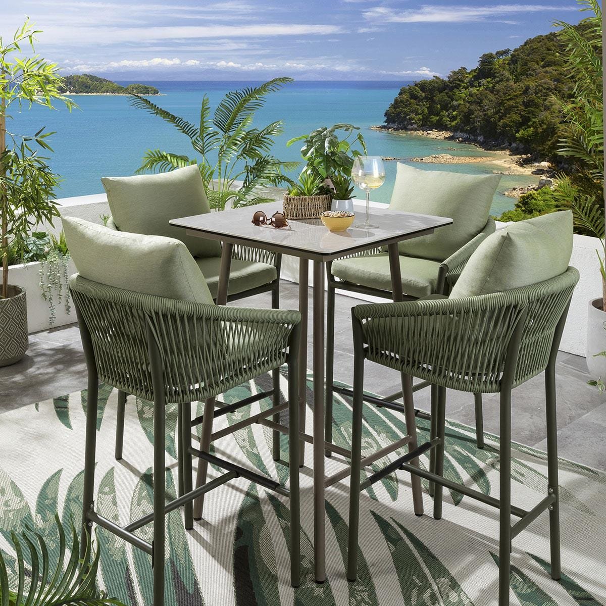 quatropi-cole-4-seater-bar-set-beige-green-45330697912614 Rocío Outdoor Patio Bar Set 4 Chairs and 1 Table Set (Green) Braided & Rope - Image 1