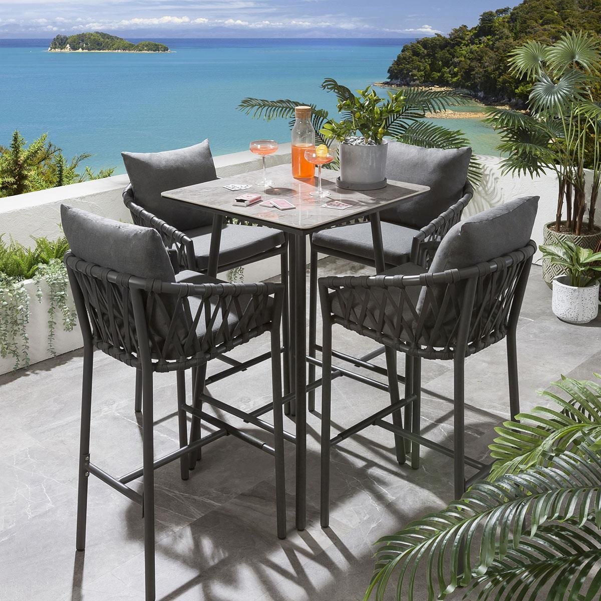 quatropi-verity-4-seater-garden-bar-set-grey-45333070643494 Verónica Outdoor Patio Bar Set 4 Chairs and 1 Table Set Braided & Rope - Image 1