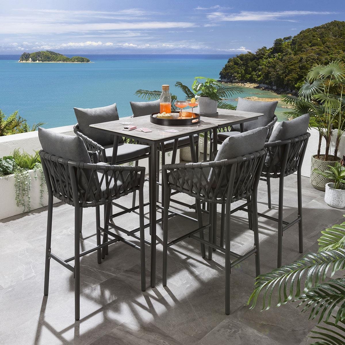 quatropi-verity-6-seater-garden-bar-set-grey-45333090337062 Rafaela Outdoor Patio Bar Set 6 Chairs and 1 Table Set Braided & Rope - Image 1