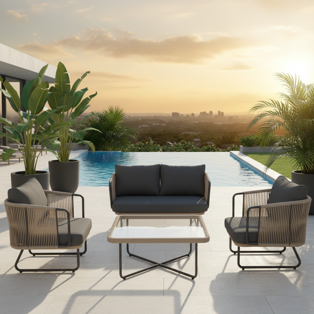 wmremove-transformed Belle Outdoor Garden Balcony Sofa Set 2 Seater , 2 Single Seater 1 Center Table Set (Dark Grey) Braided and Rope - Image 1